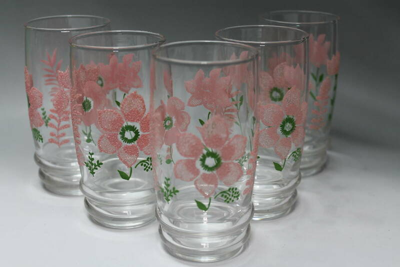 昭和レトロ ポップ ガラスコップ タンブラー 5本ピンク花