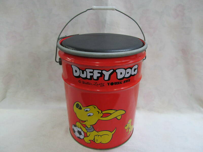 レトロ DUFFY DOG Walter Lantz ダフィードッグ ウォルターランツ 蓋付き ペール缶 スチール缶 収納 小物入れ スツール 椅子 イス 当時物