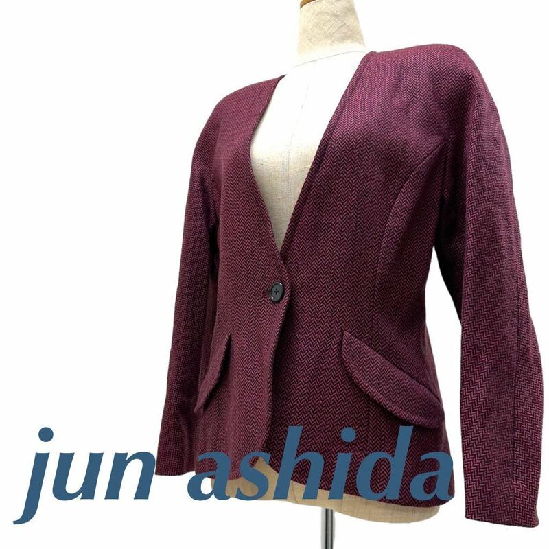 a330N jun ashida ジュン アシダ ノーカラー ジャケット 赤系 size9 カシミヤ