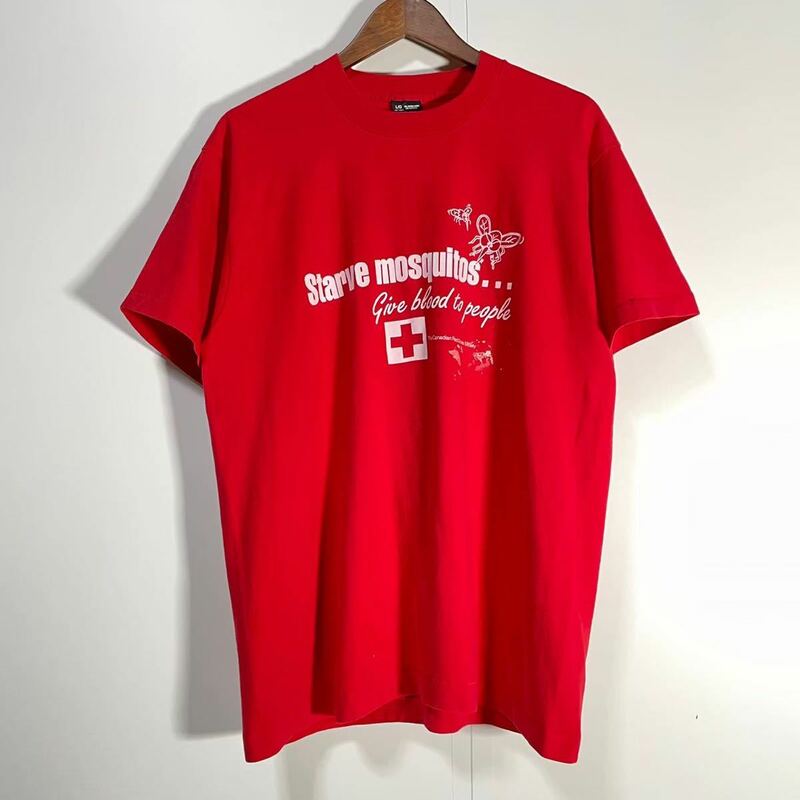 90s USA製 FPUIT OF THE LOOM BEST フルーツオブザルーム 古着 Tシャツ シングルステッチ 蚊 モスキート 献血 企業 赤十字 赤 e746