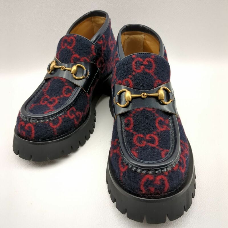 GUCCI 598315 ウールホースビットローファー ネイビー GG柄 SIZE 5 1/2 Bee刺繍 アンクルブーツ メンズ グッチ 蜂 ハチ ◆3109/宮竹店