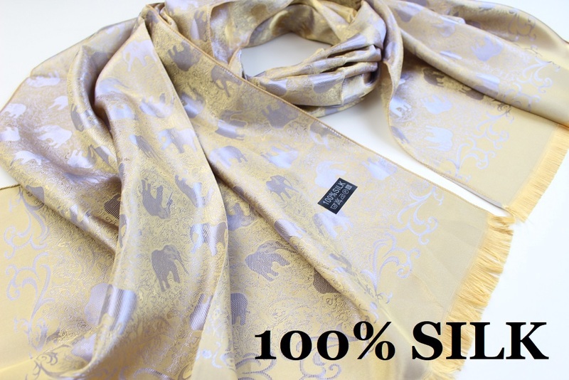 新品【SILK シルク100%】エレファント 象 ペイズリー柄 大判 薄手 ストール/スカーフ ゴールド系 シルバー