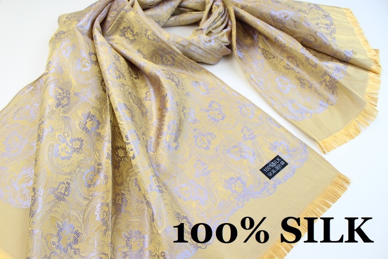 新品【SILK シルク100%】華 ペイズリー柄 大判 薄手 ストール/スカーフ ゴールド系 シルバー