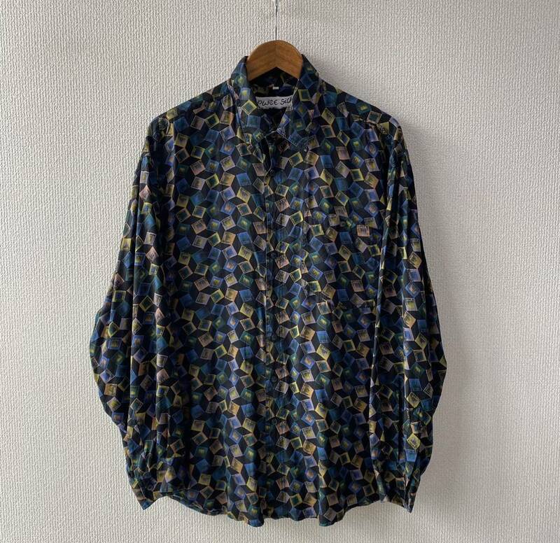 90s PURE SILK シルク 100% 総柄 長袖 シャツ L 古着 デザイン