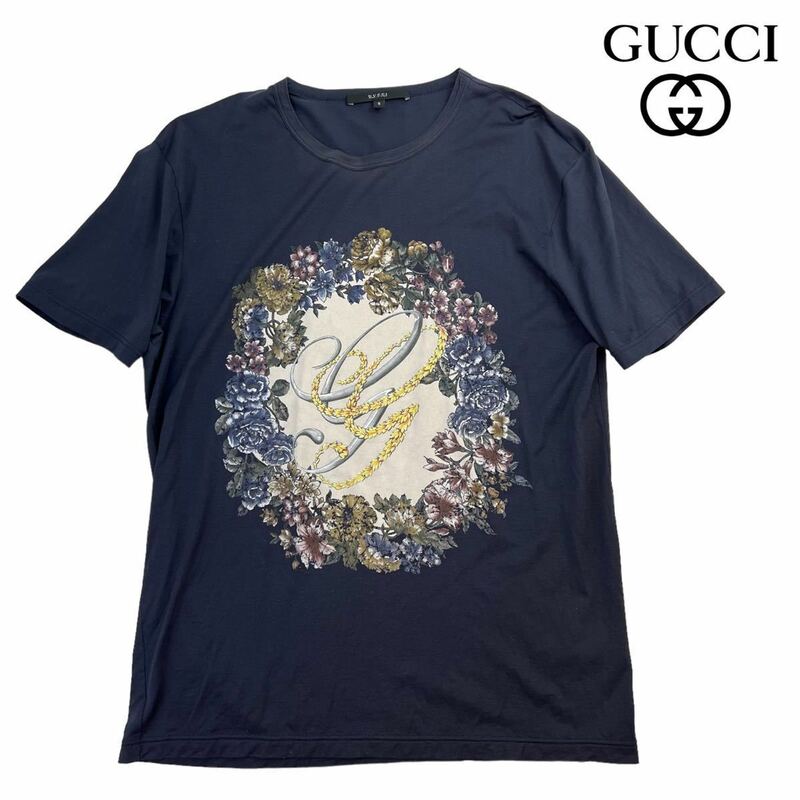定価約7万 美品 GUCCI グッチ 花柄 ロゴTシャツ サイズS ネイビー イタリア製 襟色褪せ有 GG フラワーエンブレム 希少 最高級品 A2622