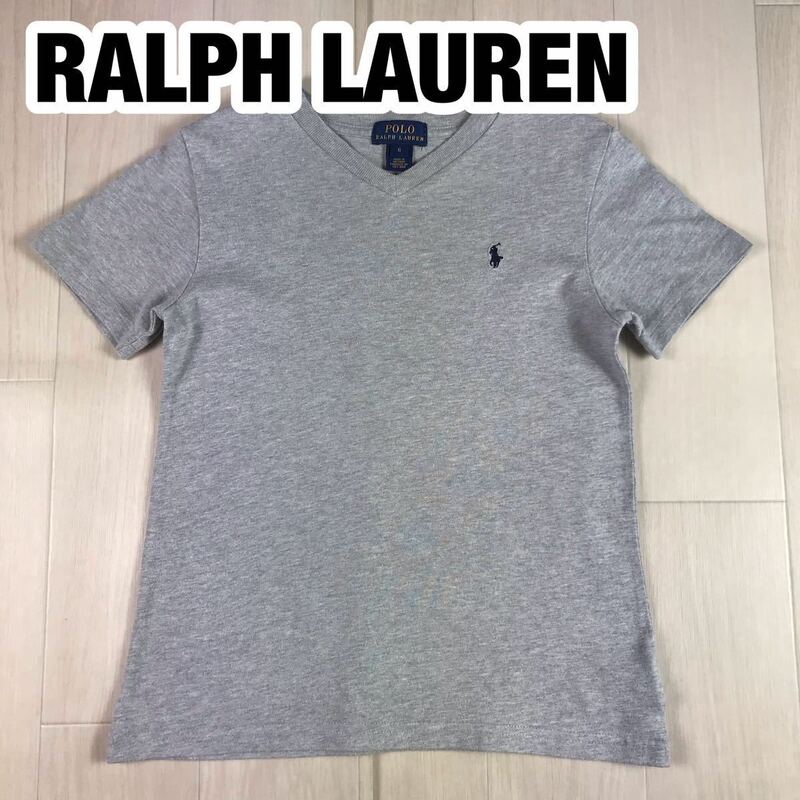 POLO RALPH LAUREN ポロ ラルフローレン 半袖 Tシャツ 6 ライトグレー 霜降り Vネック 刺繍ロゴ ポニー