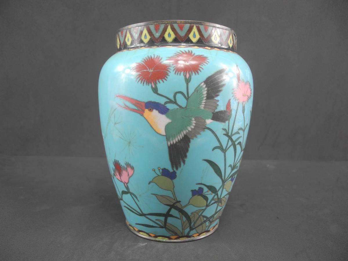 時代物 古い銅胎七宝焼 花鳥紋花瓶 記号在銘 花器 置物