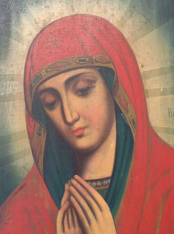アンティーク 宗教画 赤のベールに包まれたマリア 横たえるキリスト 木板に油彩画