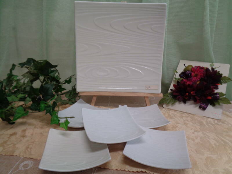 jp　角皿1＆角小皿5　　シンプルホワイト　木目調柄　陶器　洋食器　未使用品