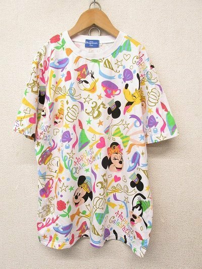 k6316：レア？東京ディズニーリゾート 35周年期間限定グッズ 半袖 Tシャツ L 総柄Tee メンズ/レディース：35