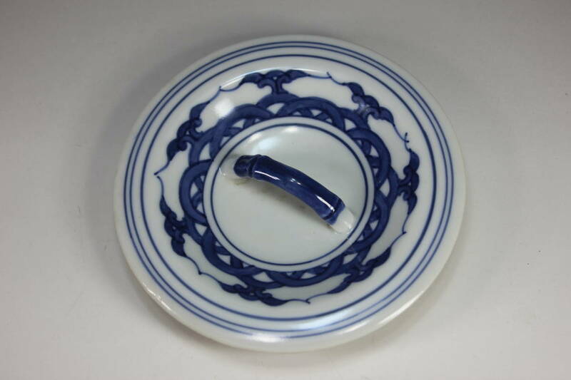 建水　蓋　藍色絵柄　未使用　陶器　直径10cm　日本陶芸　昭和レトロ　水屋道具 伝統工芸 茶道具　1