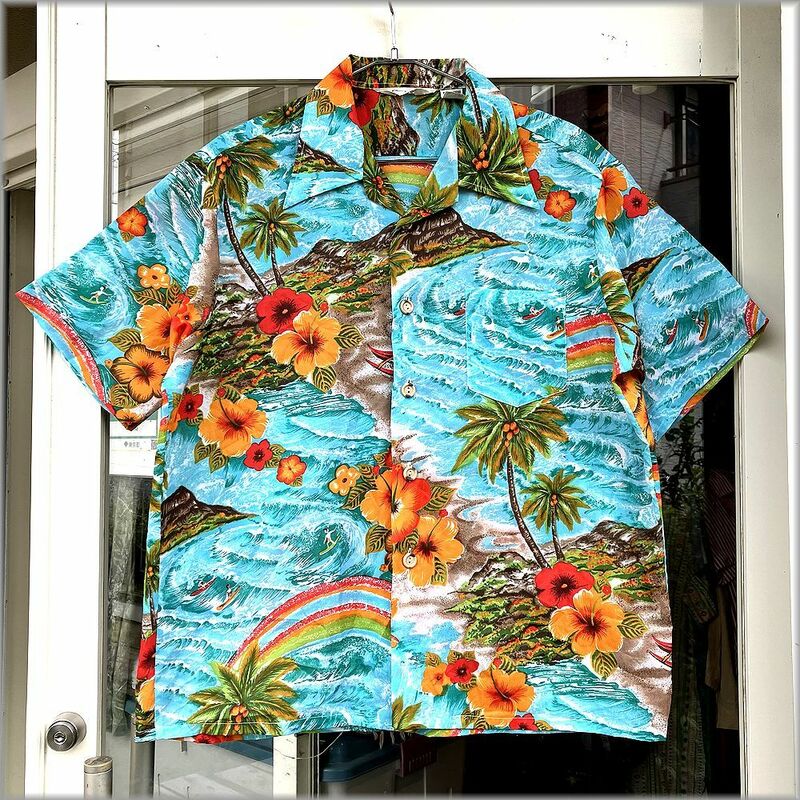 ★Waikiki76　70s　ポリエステル　ボックス型　開襟　アロハシャツ　柄物　size L　アメリカ買付★検 ビンテージ ハワイアンシャツ 古着