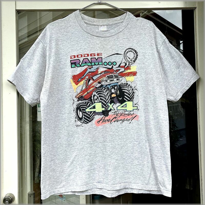 ★80s 90s　DODGE　RAM　Tシャツ　size L　霜降りグレー　JERZEES　アメリカ買付★検 ビンテージ ダッジ ラム アメ車 古着 USA製 ラッセル