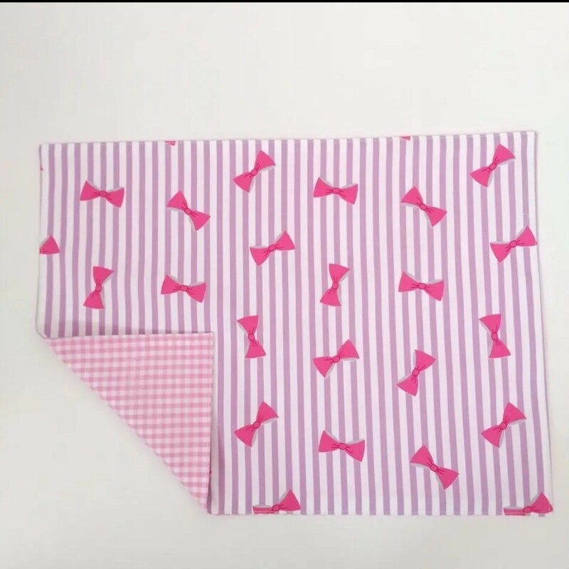 30×40 リボン柄 ランチョンマット 新品 ハンドメイド ピンク ストライプ グレー 給食 女の子 小学校 ２重