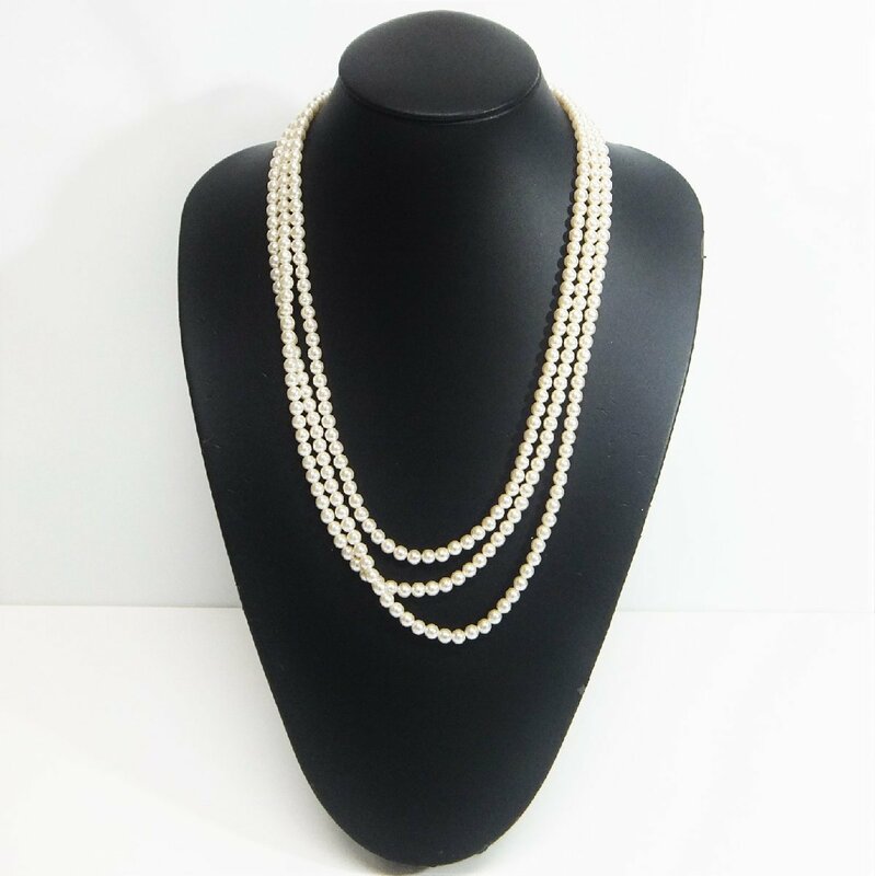 真珠調 フェイクパール 3連ロングネックレス 約5.7～6.0ｍｍ玉 Fake Pearl Necklace アクセサリー ○P