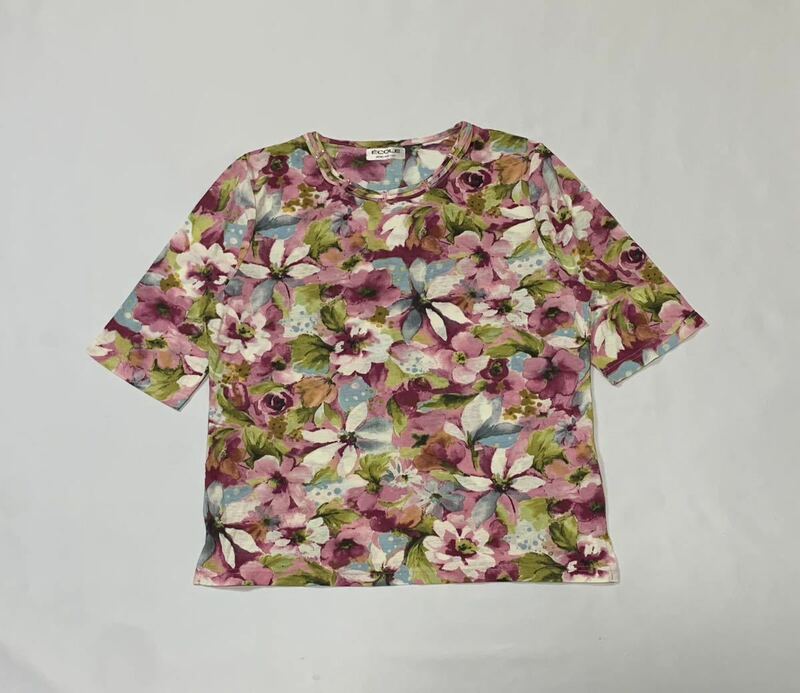 (未使用 レディース) ECOLE // 5分袖 総柄 Tシャツ・カットソー (ピンク系ミックス) サイズ F (M位)