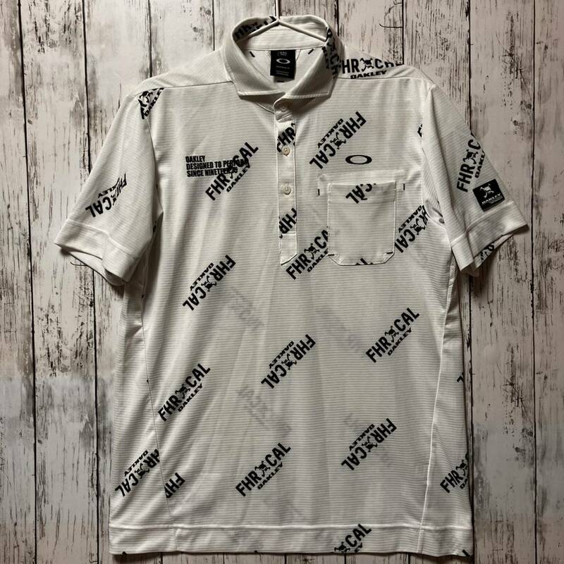 【OAKLEY】オークリー ゴルフ スカル メンズ 半袖ポロシャツ XLサイズ ホワイト系 総柄 送料無料