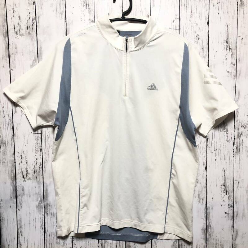 【adidas golf】アディダスゴルフ ハーフジップ 半袖シャツ メンズ L ホワイト系 送料無料！