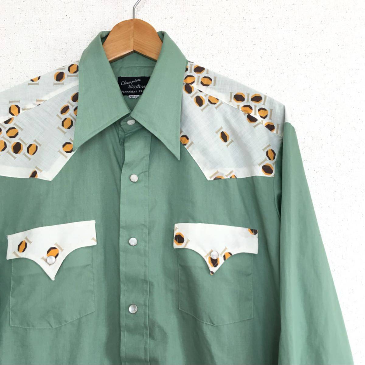 ビンテージ 70s【アトミック】ウエスタンシャツ 長袖シャツ L ヒョウ柄 champion ラロッカ 古着 50s ペパーミント ロック ロカビリー 40s