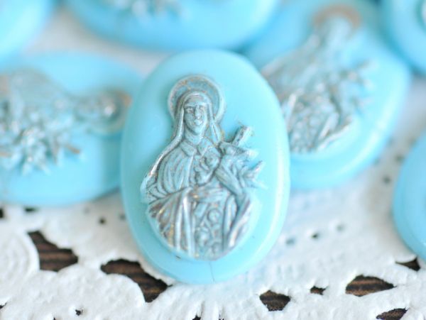 チェコスロバキア ヴィンテージ ガラス カボション 聖母 マリア様 聖人 レトロ ハンドメイド パーツ ライト ブルー 水色 14×10mm 4個