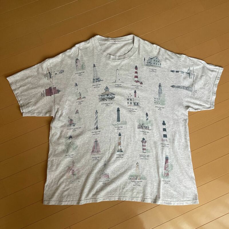 90s 00s プリントTシャツ tee 総柄 灯台 vintage ヴィンテージ 古着 XL相当