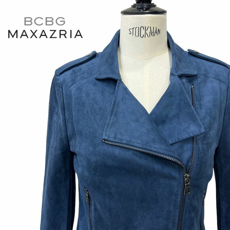 美品 BCBG MAXAZRIA ビーシービージー マックスアズリア スエード調 ダブル ライダース ジャケット XS サイズ レディース 青 ブルー 春秋