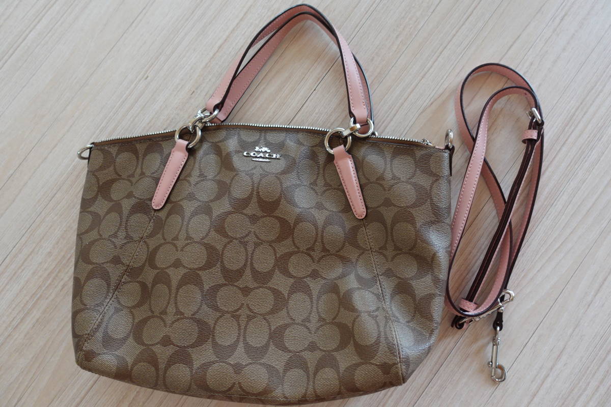 送料込★超美品【コーチ】COACH2WAYハンドバッグ★ショルダー紐付ピンクブラウン茶ブランド上質軽量通勤通学旅行デートオフィスフォーマル