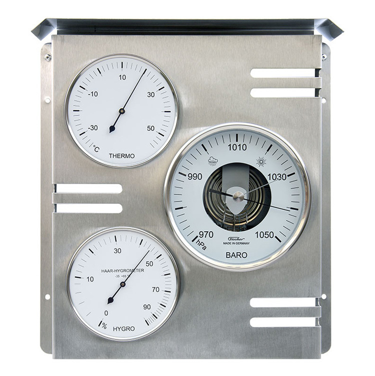 温度・湿度・気圧計 Fischer ウェザー ステーション スクエア― 幅27.8×高さ30cm ステンレススチール ドイツ製 イ