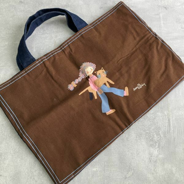 ☆【新品】 希少！Annette Hardyの絵 ハンドメイド レッスンバッグ 「女の子と猫」茶色 サブバッグ 手提げかばん フランス童画家