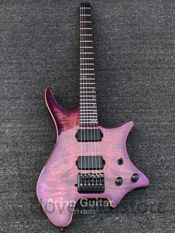 特売！エレキギター 本体 ハードケース付き 紫 光沢仕上げ マホガニー合板 34インチ ヘッドレス ハード ロック バンド