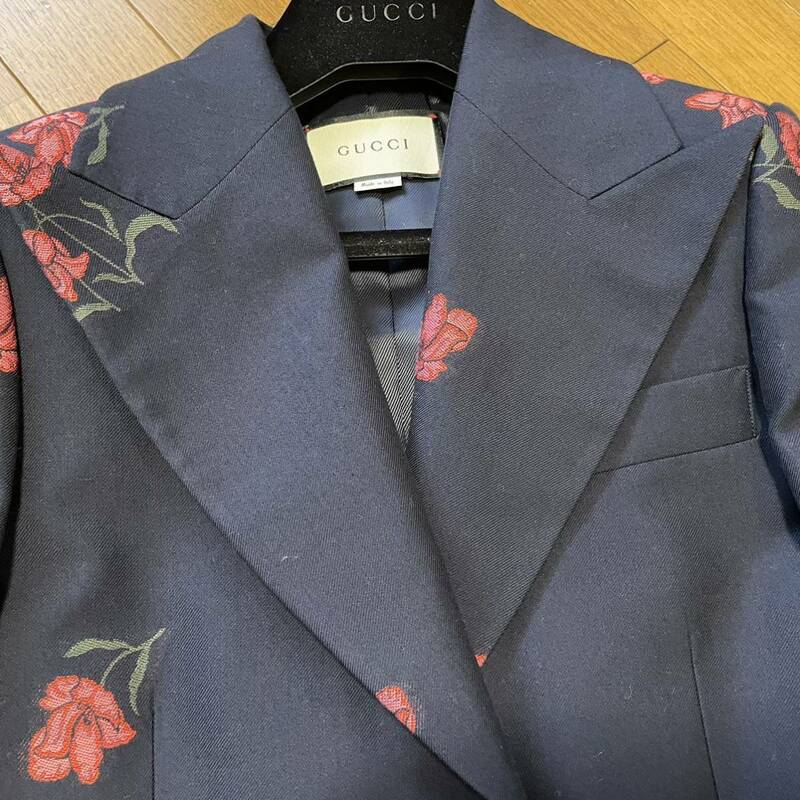 ●Gucciグッチ紺地×ピンク花刺繍ウールジャケット36