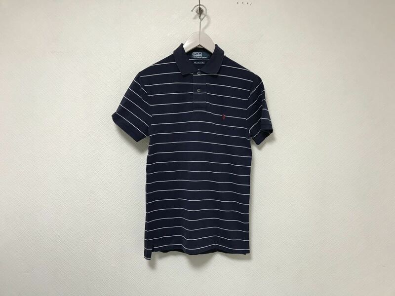 本物ポロラルフローレンPOLO Ralph Laurenコットンボーダー柄半袖ポロシャツメンズアメカジサーフビジネススーツゴルフ紺ネイビーSペルー製