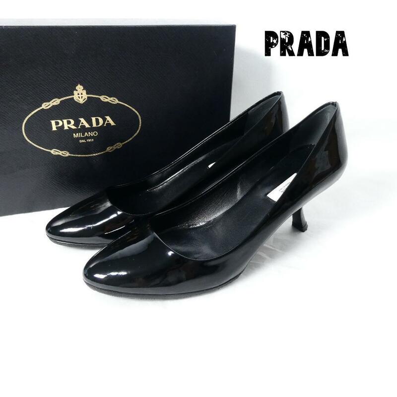 美品 PRADA プラダ サイズ37 約24㎝ エナメル パテントレザー ラウンドトゥ ハイヒール パンプス 黒 ブラック