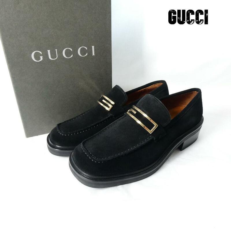 美品 GUCCI グッチ 37C 約24㎝ スエード Gバックル スクエアトゥ ローファー 革靴 黒 ブラック