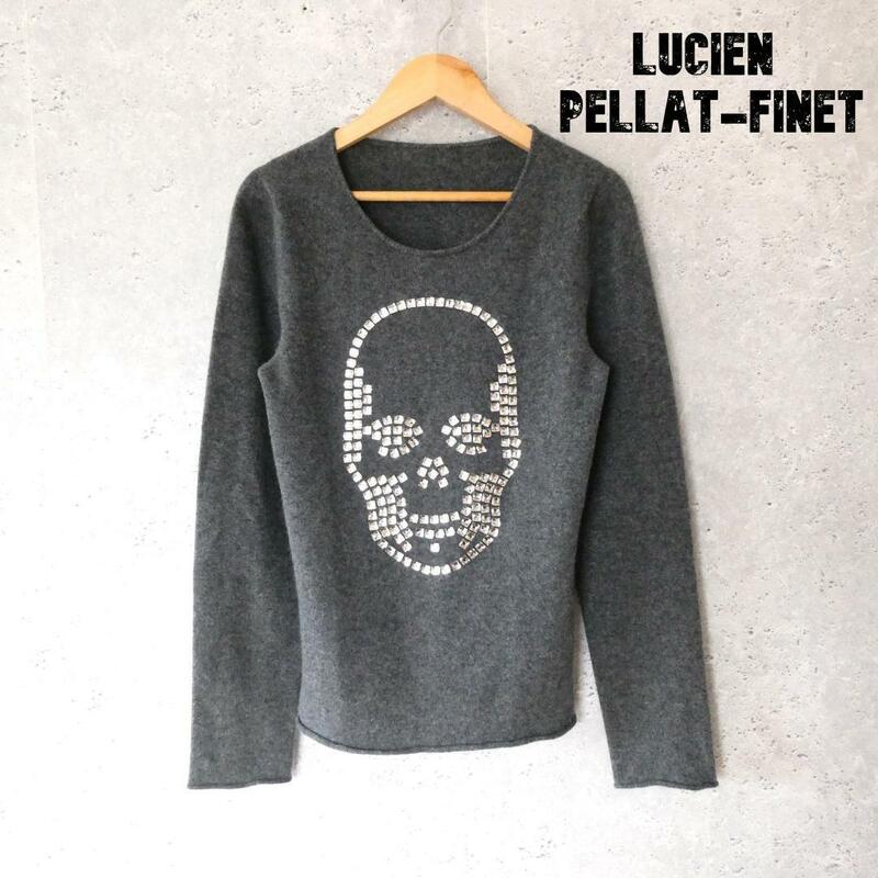 美品 lucien pellat-finet ルシアンぺラフィネ 約M ニット セーター プルオーバー カシミヤ100％ ラインストーン スカル 長袖 グレー 灰