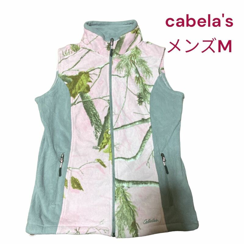 美品カベラス　ピンクでお洒落な葉っぱ、木柄フリースベスト メンズ　M cabela's