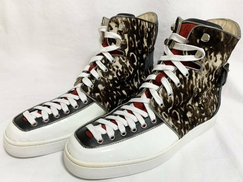 希少 美品 クリスチャン ルブタン Christian Louboutin ハラコ ヒョウ 豹 柄 レザー エナメル スエード ハイカット スニーカー 44 28～29cm