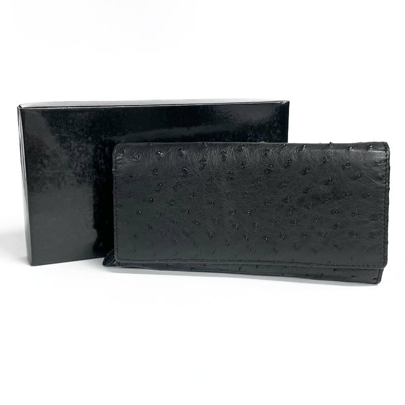 【L-BK】未使用・処分品　天然 オーストリッチ　長財布　ダチョウ　二つ折り ロングウォレット　ブラック