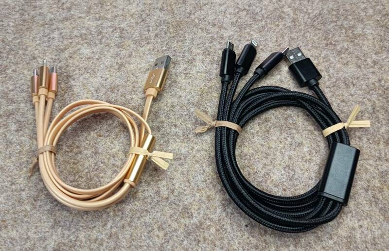 マイクロUSB、USB-C、Lightning　マルチ充電ケーブル　1M　黒金２本SET