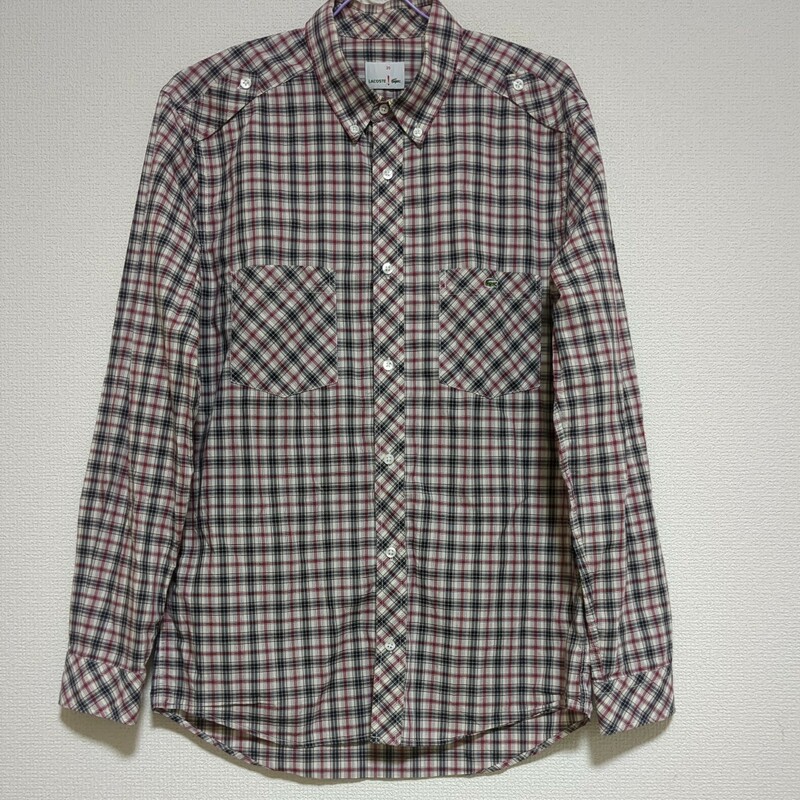 LACOSTE　　　薄手長袖ボタンダウンワークシャツ　　39　　白×黒×エンジ