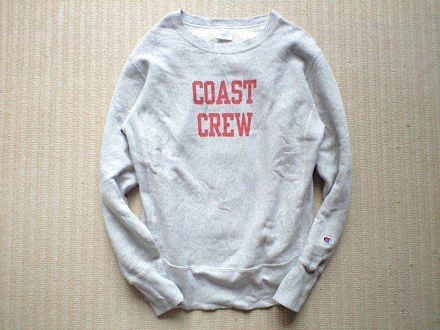 即決 COAST CREW プリント 復刻 青タグ Champion REVERSE WEAVE クルーネック スウェット Mサイズ 染み込み グレー コーストクルー