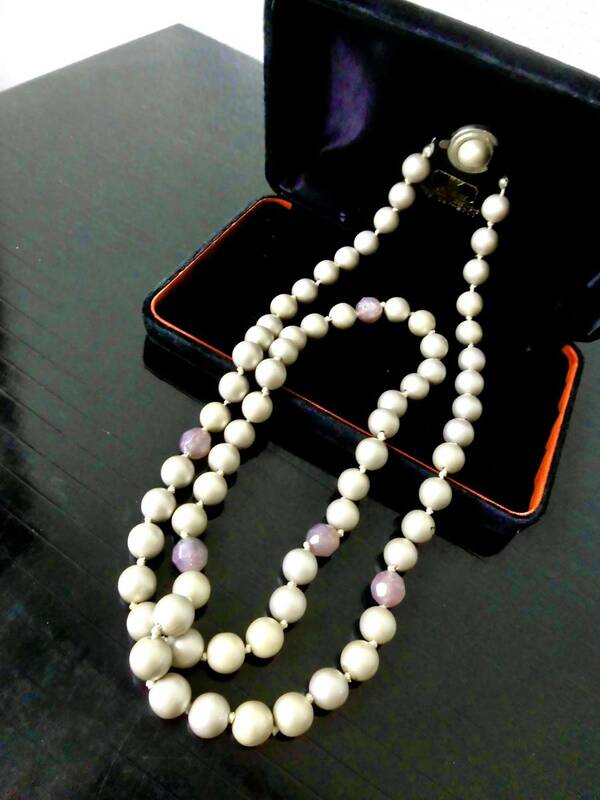 ●MARGHERI.A/高貴なパープル真珠&紫ストーン/ロングネックレス/14mm玉 長さ102cm/シルバー留め具
