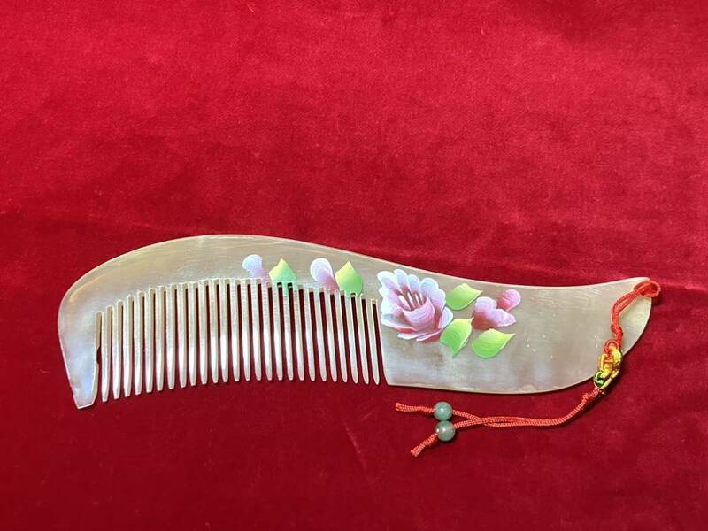 中国美術 花紋 水牛角 櫛 角櫛 未使用 静電気防止 伝統工芸 工芸品 コーム