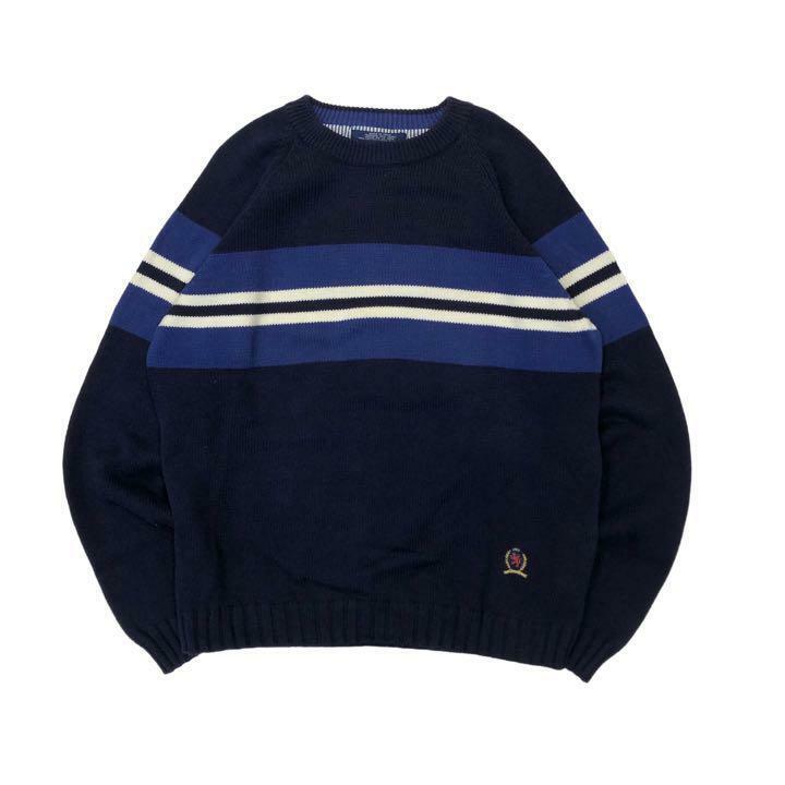 【L】USA 古着 90s トミー TOMMY HILFIGER クルーネック ニット セーター KNIT ネイビー