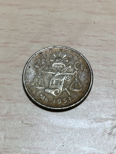 アンティークコイン コイン 、1951年 メキシコ Mo 25 centavos シルバー コイン