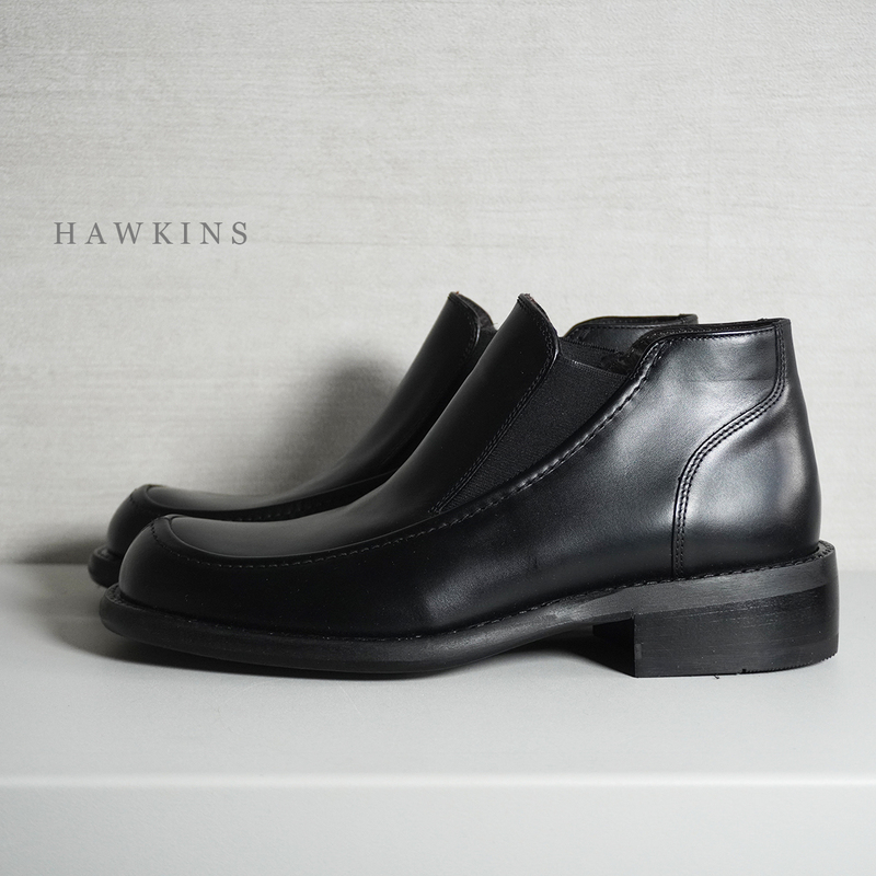 未使用 美品 ホーキンス Hawkins イタリア製 本革 レザー サイドゴア ショート ブーツ 39 ブラック 黒 メンズ 靴 シューズ スリッポン 