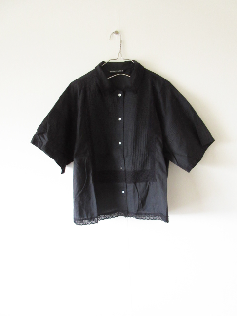 美品 mizuiro ind / ミズイロインド ピンタック＆レース レースカラー コットンシャツ BLACK * 刺繍 半袖 シャツ ブラウス