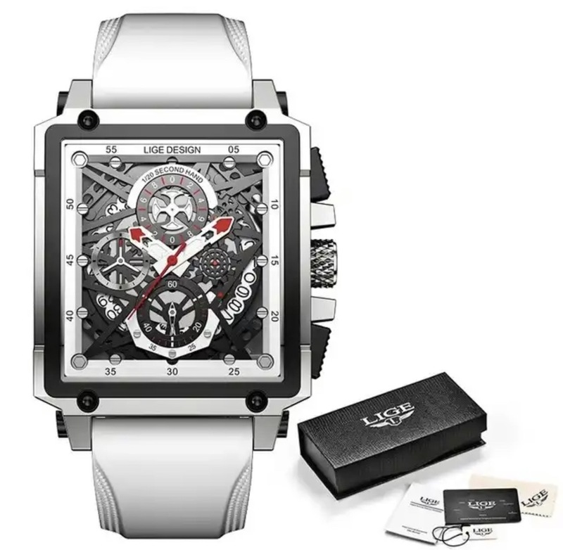 LIGE メンズ 腕時計 高品質 ファッショナブル スクエア デザイン クロノグラフ クォーツ ウォッチ シリコンバンド シルバー × ホワイト