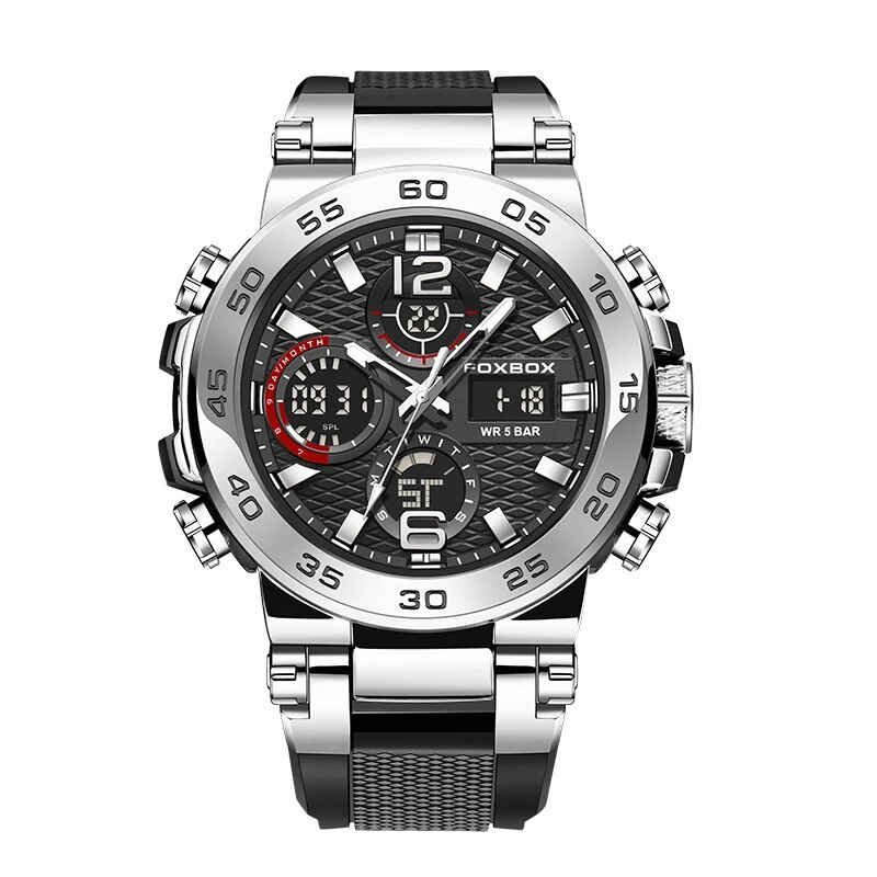 LIGE メンズ 腕時計 8622 高品質 クオーツ ミリタリー スポーツ デュアル ディスプレイ ウォッチ foxbox 防水 時計 シルバー× ブラック