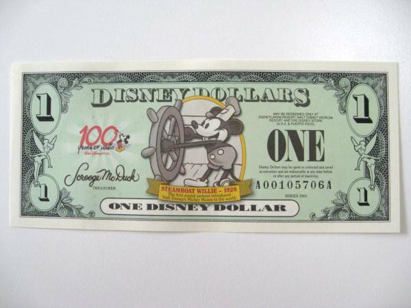 ディズニーダラー　1ドル札（2002年版） $1 紙幣　ミッキーマウス Disney Dollars